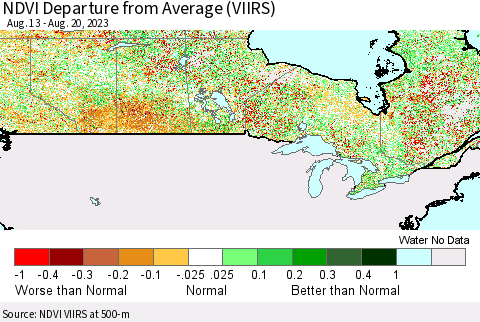 Canada NDVI Departure from Average (VIIRS) Thematic Map For 8/13/2023 - 8/20/2023
