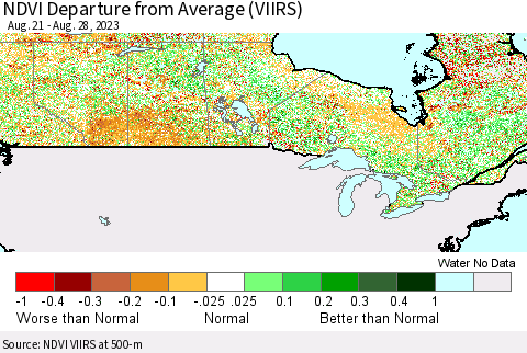 Canada NDVI Departure from Average (VIIRS) Thematic Map For 8/21/2023 - 8/28/2023