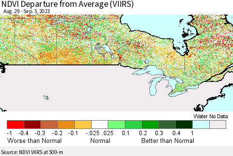Canada NDVI Departure from Average (VIIRS) Thematic Map For 8/29/2023 - 9/5/2023