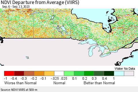 Canada NDVI Departure from Average (VIIRS) Thematic Map For 9/6/2023 - 9/13/2023