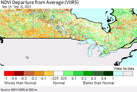 Canada NDVI Departure from Average (VIIRS) Thematic Map For 9/14/2023 - 9/21/2023