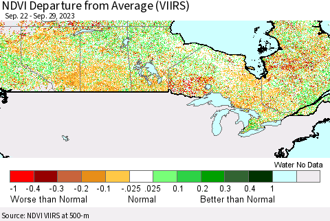 Canada NDVI Departure from Average (VIIRS) Thematic Map For 9/22/2023 - 9/29/2023