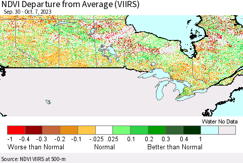 Canada NDVI Departure from Average (VIIRS) Thematic Map For 9/30/2023 - 10/7/2023