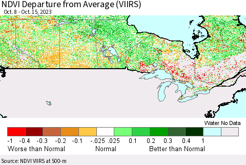Canada NDVI Departure from Average (VIIRS) Thematic Map For 10/8/2023 - 10/15/2023