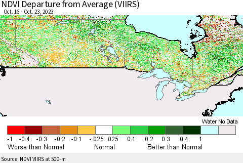 Canada NDVI Departure from Average (VIIRS) Thematic Map For 10/16/2023 - 10/23/2023