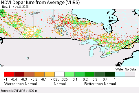 Canada NDVI Departure from Average (VIIRS) Thematic Map For 11/1/2023 - 11/8/2023