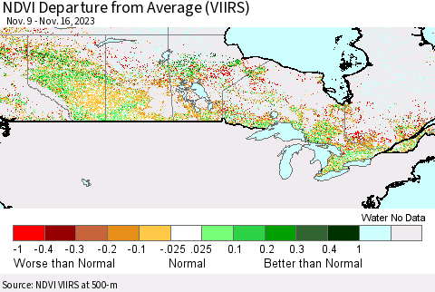 Canada NDVI Departure from Average (VIIRS) Thematic Map For 11/9/2023 - 11/16/2023
