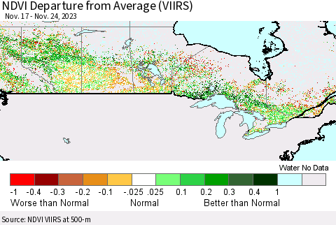 Canada NDVI Departure from Average (VIIRS) Thematic Map For 11/17/2023 - 11/24/2023