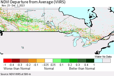 Canada NDVI Departure from Average (VIIRS) Thematic Map For 11/25/2023 - 12/2/2023