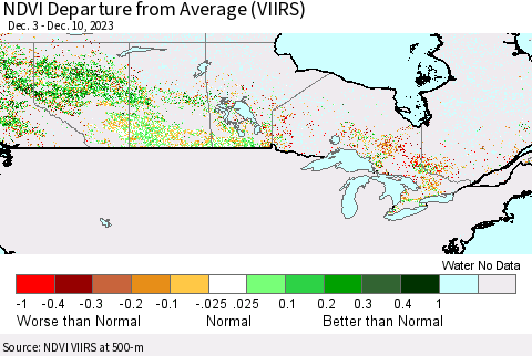 Canada NDVI Departure from Average (VIIRS) Thematic Map For 12/3/2023 - 12/10/2023