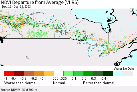 Canada NDVI Departure from Average (VIIRS) Thematic Map For 12/11/2023 - 12/18/2023
