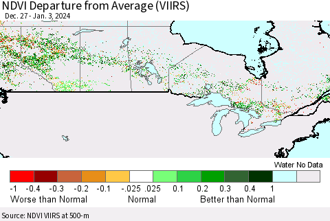 Canada NDVI Departure from Average (VIIRS) Thematic Map For 12/27/2023 - 1/3/2024