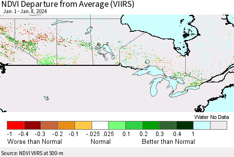 Canada NDVI Departure from Average (VIIRS) Thematic Map For 1/1/2024 - 1/8/2024
