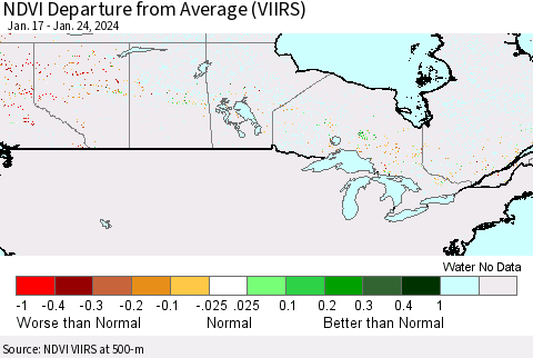 Canada NDVI Departure from Average (VIIRS) Thematic Map For 1/17/2024 - 1/24/2024