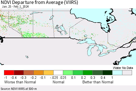 Canada NDVI Departure from Average (VIIRS) Thematic Map For 1/25/2024 - 2/1/2024