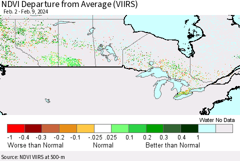 Canada NDVI Departure from Average (VIIRS) Thematic Map For 2/2/2024 - 2/9/2024