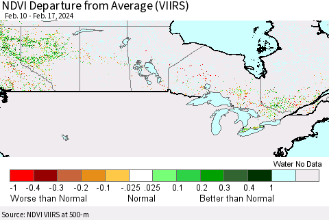Canada NDVI Departure from Average (VIIRS) Thematic Map For 2/10/2024 - 2/17/2024