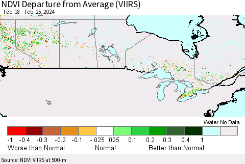 Canada NDVI Departure from Average (VIIRS) Thematic Map For 2/18/2024 - 2/25/2024