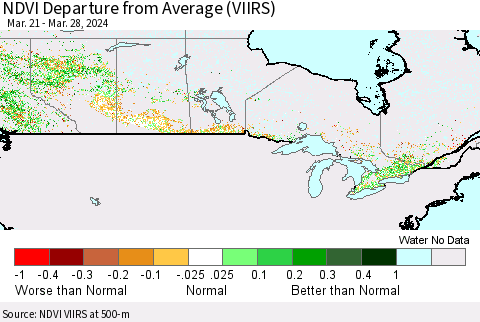 Canada NDVI Departure from Average (VIIRS) Thematic Map For 3/21/2024 - 3/28/2024