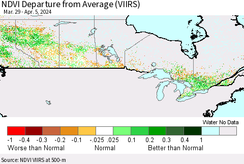 Canada NDVI Departure from Average (VIIRS) Thematic Map For 3/29/2024 - 4/5/2024