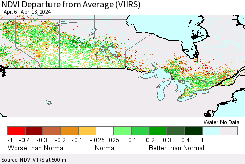 Canada NDVI Departure from Average (VIIRS) Thematic Map For 4/6/2024 - 4/13/2024