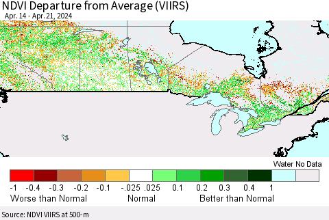 Canada NDVI Departure from Average (VIIRS) Thematic Map For 4/14/2024 - 4/21/2024