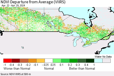 Canada NDVI Departure from Average (VIIRS) Thematic Map For 4/22/2024 - 4/29/2024