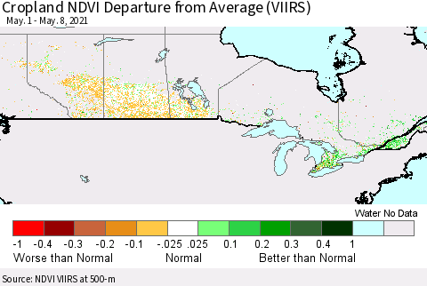 Canada Cropland NDVI Departure from Average (VIIRS) Thematic Map For 5/1/2021 - 5/8/2021