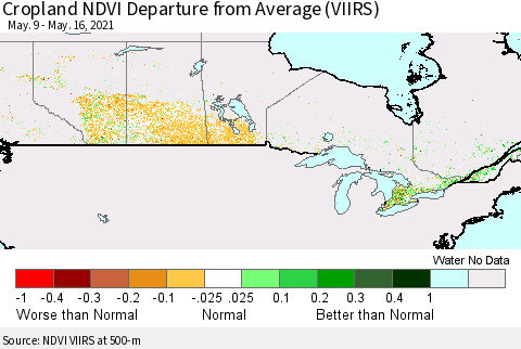 Canada Cropland NDVI Departure from Average (VIIRS) Thematic Map For 5/9/2021 - 5/16/2021