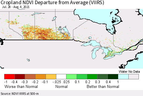 Canada Cropland NDVI Departure from Average (VIIRS) Thematic Map For 7/28/2021 - 8/4/2021