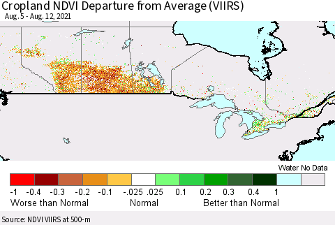 Canada Cropland NDVI Departure from Average (VIIRS) Thematic Map For 8/5/2021 - 8/12/2021