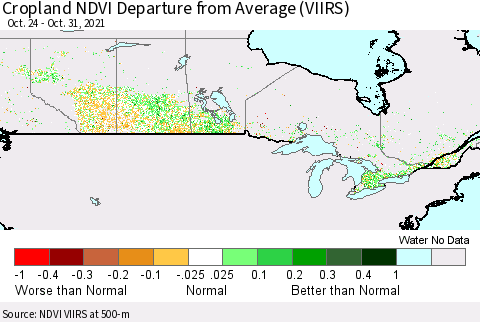 Canada Cropland NDVI Departure from Average (VIIRS) Thematic Map For 10/24/2021 - 10/31/2021