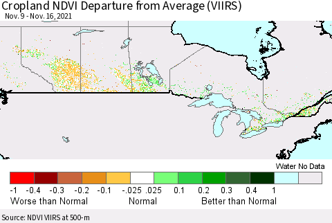 Canada Cropland NDVI Departure from Average (VIIRS) Thematic Map For 11/9/2021 - 11/16/2021