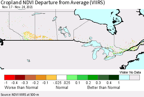 Canada Cropland NDVI Departure from Average (VIIRS) Thematic Map For 11/17/2021 - 11/24/2021