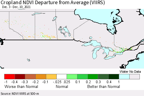Canada Cropland NDVI Departure from Average (VIIRS) Thematic Map For 12/3/2021 - 12/10/2021