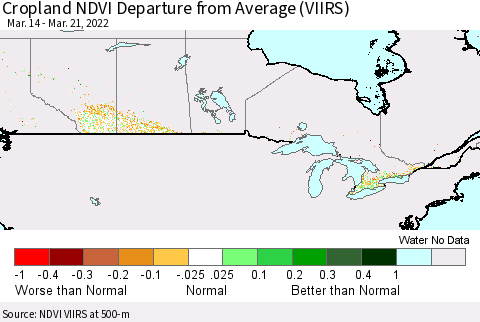 Canada Cropland NDVI Departure from Average (VIIRS) Thematic Map For 3/14/2022 - 3/21/2022