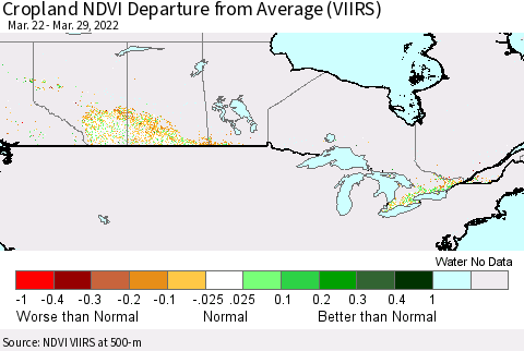 Canada Cropland NDVI Departure from Average (VIIRS) Thematic Map For 3/22/2022 - 3/29/2022