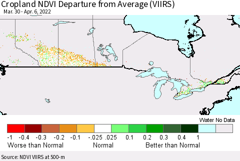 Canada Cropland NDVI Departure from Average (VIIRS) Thematic Map For 3/30/2022 - 4/6/2022