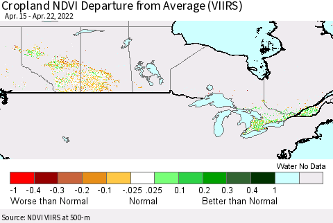 Canada Cropland NDVI Departure from Average (VIIRS) Thematic Map For 4/15/2022 - 4/22/2022