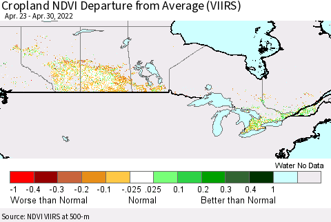Canada Cropland NDVI Departure from Average (VIIRS) Thematic Map For 4/23/2022 - 4/30/2022