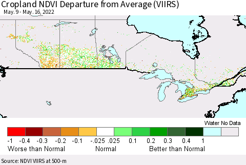 Canada Cropland NDVI Departure from Average (VIIRS) Thematic Map For 5/9/2022 - 5/16/2022
