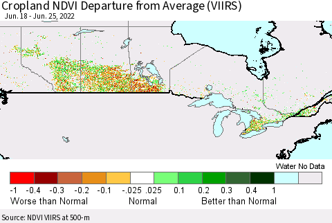 Canada Cropland NDVI Departure from Average (VIIRS) Thematic Map For 6/18/2022 - 6/25/2022