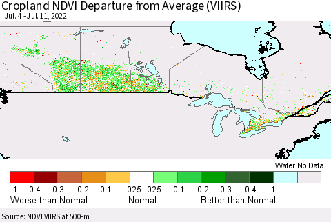 Canada Cropland NDVI Departure from Average (VIIRS) Thematic Map For 7/4/2022 - 7/11/2022