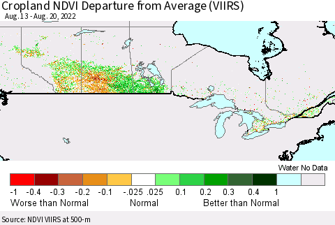 Canada Cropland NDVI Departure from Average (VIIRS) Thematic Map For 8/13/2022 - 8/20/2022