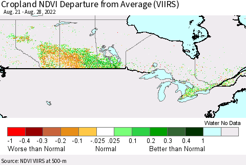 Canada Cropland NDVI Departure from Average (VIIRS) Thematic Map For 8/21/2022 - 8/28/2022