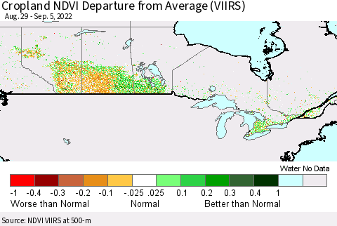 Canada Cropland NDVI Departure from Average (VIIRS) Thematic Map For 8/29/2022 - 9/5/2022