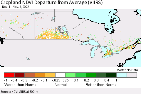 Canada Cropland NDVI Departure from Average (VIIRS) Thematic Map For 11/1/2022 - 11/8/2022