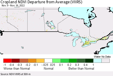 Canada Cropland NDVI Departure from Average (VIIRS) Thematic Map For 11/9/2022 - 11/16/2022