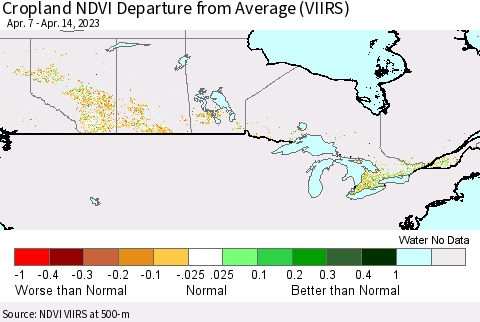 Canada Cropland NDVI Departure from Average (VIIRS) Thematic Map For 4/7/2023 - 4/14/2023