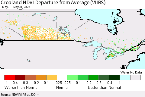 Canada Cropland NDVI Departure from Average (VIIRS) Thematic Map For 5/1/2023 - 5/8/2023